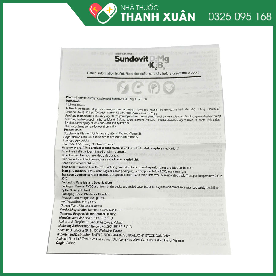 Thuốc Sundovit D3 + Mg + K2 + B6 hỗ trợ xương, răng phát triển